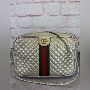 Gucci Silver Crossbody Bag with Red and Green Stripe